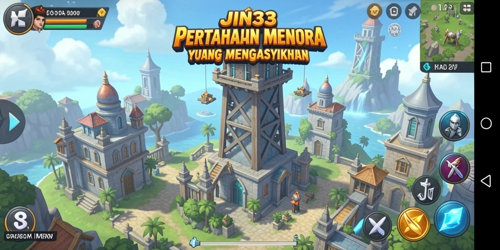 Menampilkan pertahanan menara melawan gelombang musuh di JIN33.