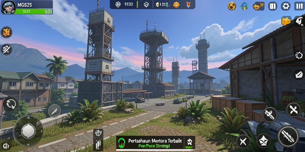 Tampilan gameplay strategis MG525 dengan menara bertahan.