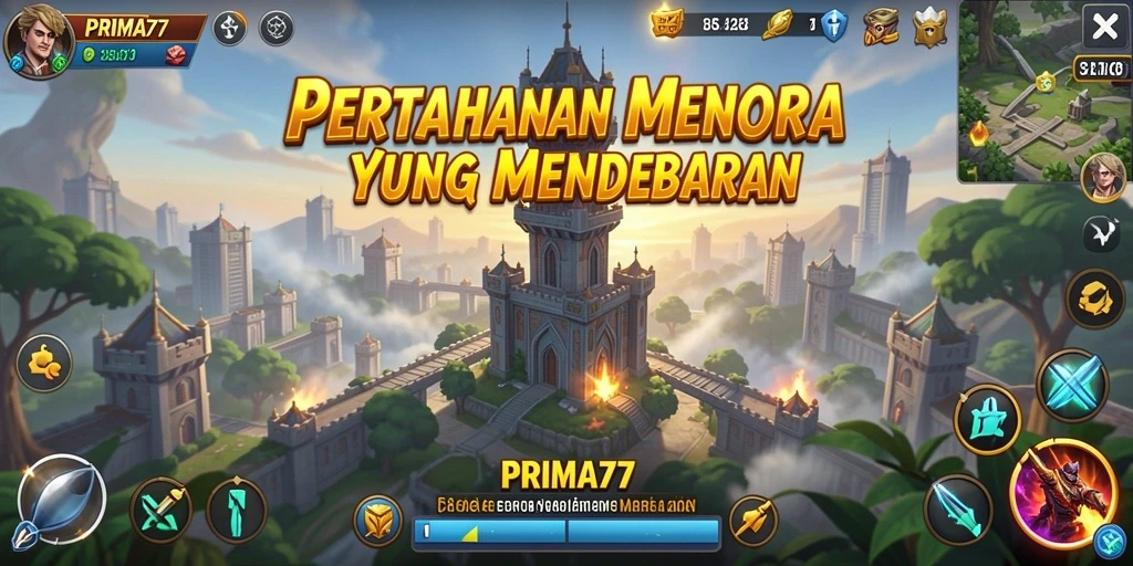 Tampilan menara dan musuh dalam gameplay PRIMA77 yang seru.