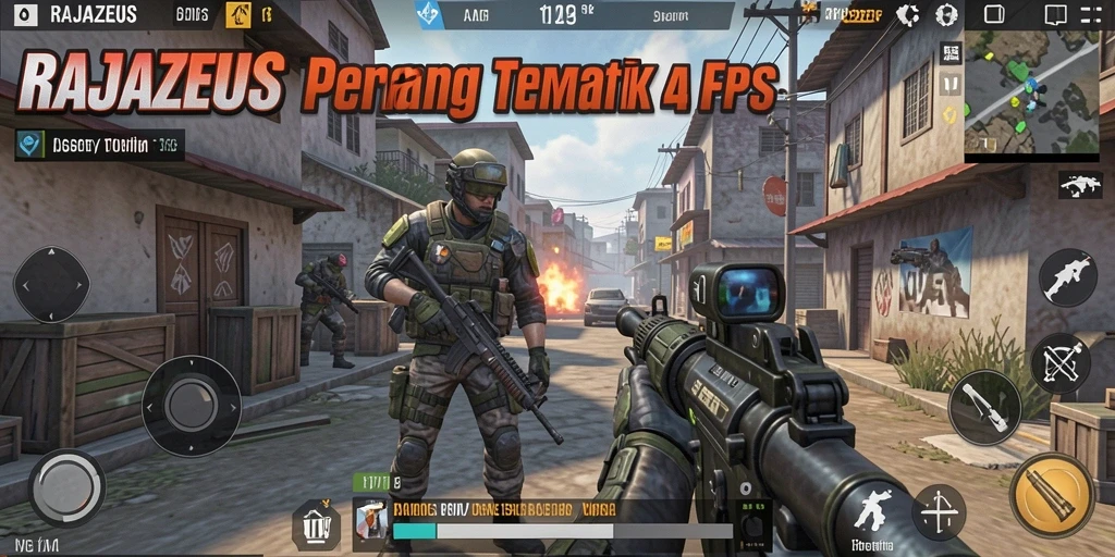 Tampilan gameplay menegangkan dalam pertempuran FPS RAJAZEUS.